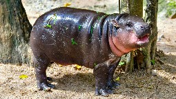 A photo of Moo Deng the pygmy hippo in a zoo