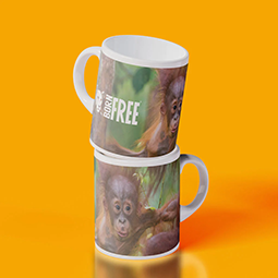 Two mugs stacked on top of each other with an orangutan photo on them