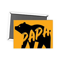 A close up of a yellow rectangular fridge magnet, with a polar bear illustration in black, with the word 'PAPA '