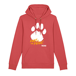 Red hoodie with paw print logo