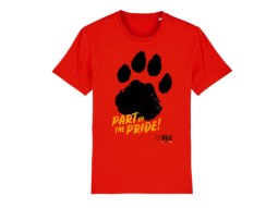 Photograph of a red T-shirt featuring a large black paw print graphic in the centre. Below the paw print, bold yellow and orange text reads 