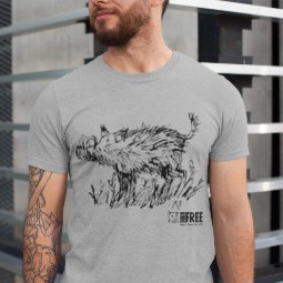 A man wearing a grey T-shirt with an illustration of a warthog, by artist Quentin Blake.