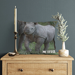 A cushion with a baby rhino on it, on top of a wooden table
