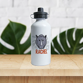 A white water bottle with a cartoon rhion head and the name 'Rachel'