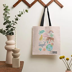 A pink tote bag with animal design