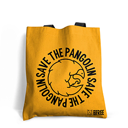 A yellow tote bag with save the pangolins motif