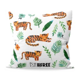 A while cushion featuring a pattern with illustrated tigers, leaves and branches