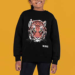 Close up of a black sweatshirt with a tiger graphic on it