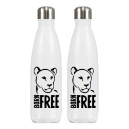 Two white and metal Born Free water bottles featuring the Elsa logo.