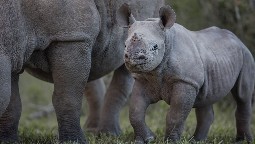 A baby rhino walking alongside its mother