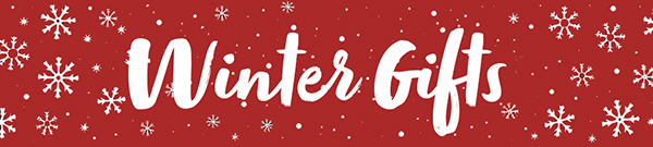 A red banner with the words 'Winter Gifts' and white snowflakes