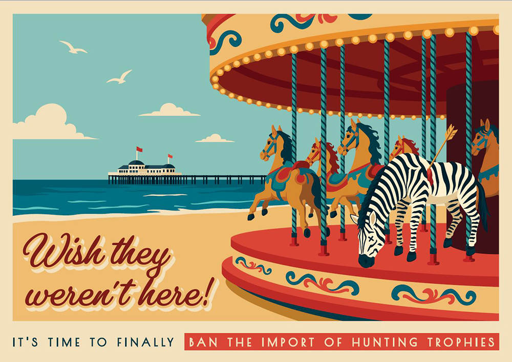 A mock up of a postcard with a dead zebra on a carousel. Text reads 'wish they weren't here'