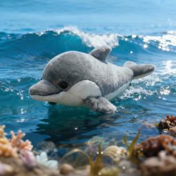 A photo of a dolphin plush toy which has been mocked-up to looklike it's swimming in the sea.