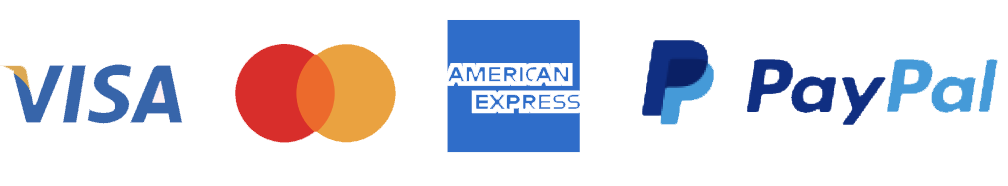 Icons of availabile payment types; Visa, Mastercard, AMEX, PayPal