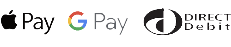 Icons of availabile payment types; Apple Pay, Google Pay, Direct Debit