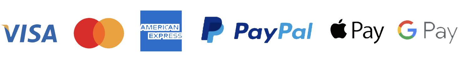 Icons of availabile payment types; Visa, Mastercard, AMEX, PayPal, Apple Pay, Google Pay