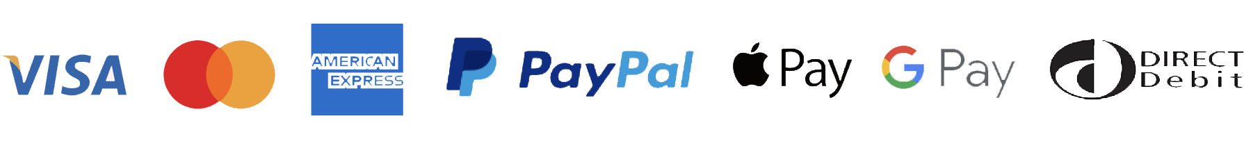 Icons of availabile payment types; Visa, Mastercard, AMEX, PayPal, Apple Pay, Google Pay, Direct Debit