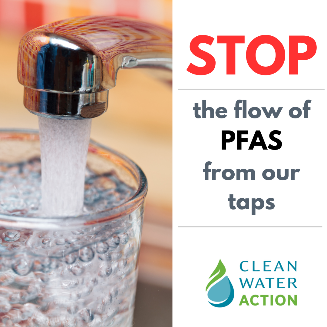 Image of a sink faucet with text: STOP the flow of PFAS from our taps