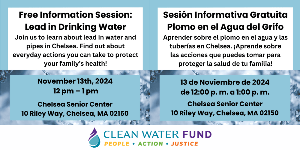 Graphic design that says Free Information Session: Lead in Drinking Water, Sesión Informativa: Gratuita Plomo en el Agua del Grifo 