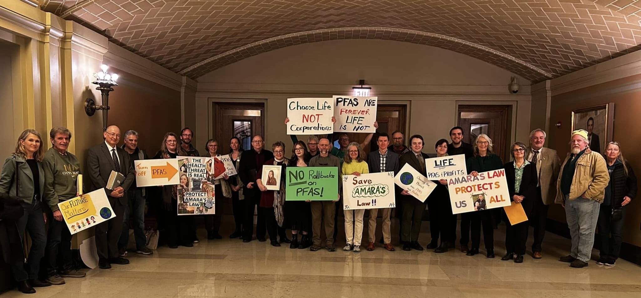 A dozen people stand together at a rally in the Minnesota Capitol building holding handmade signs such as "Amara's Law Protects Us All"