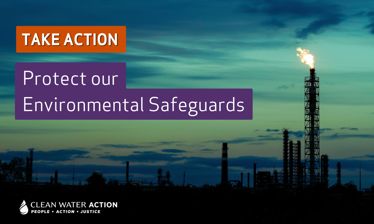 Industrial tower with a flare of burning methane. Text: TAKE ACTION - Protect our environmental safeguards