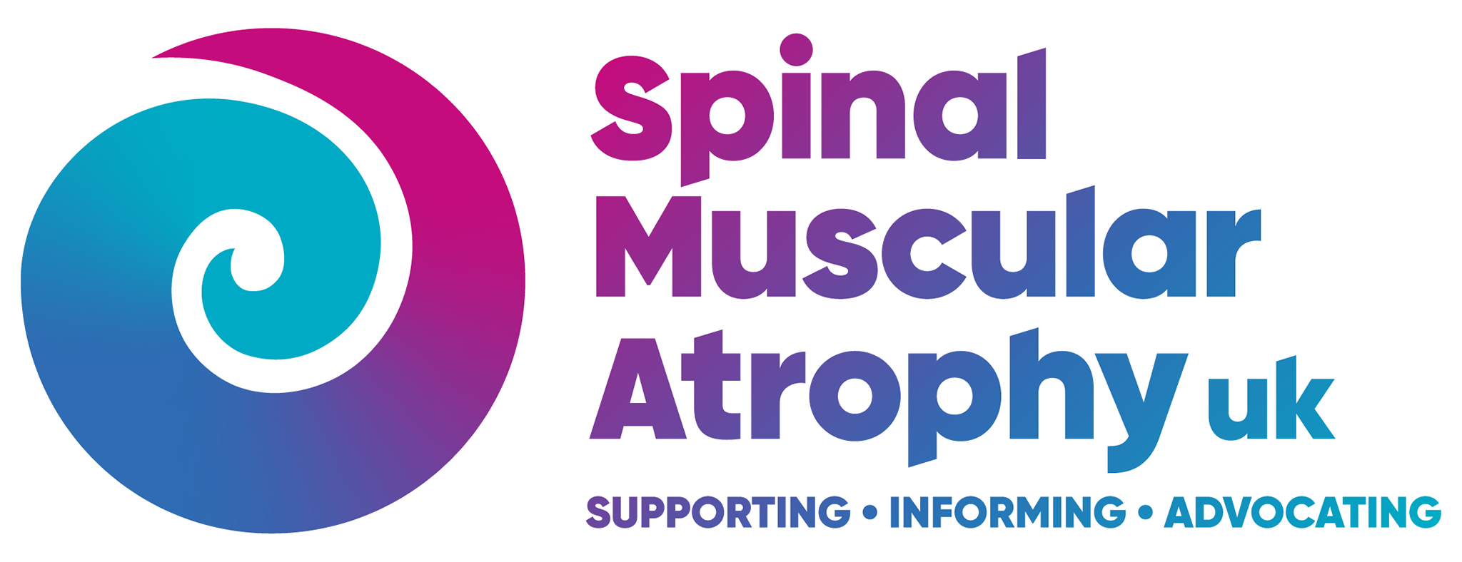 Spinal Muscular Atrophy UK logo. It has the tagline "Supporting. Informing. Advocating."
