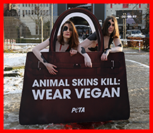Das Bild zeigt zwei Demonstrierende mit dem Schild ANIMAL SKINS KILL: WEAR VEGAN