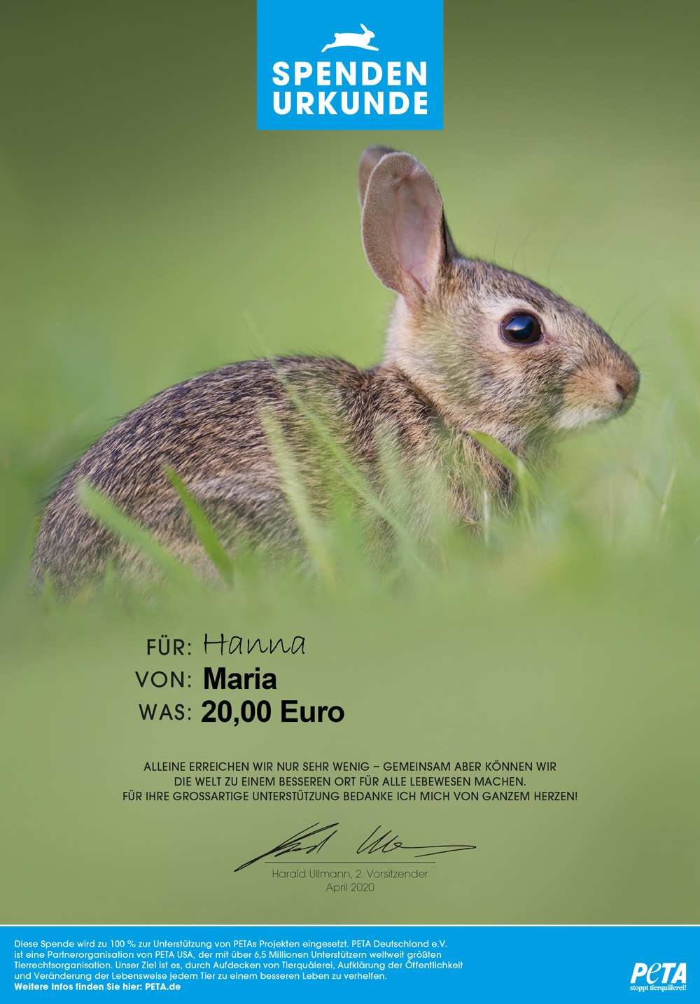 Geschenkurkunde Zu Ostern Peta Deutschland E V